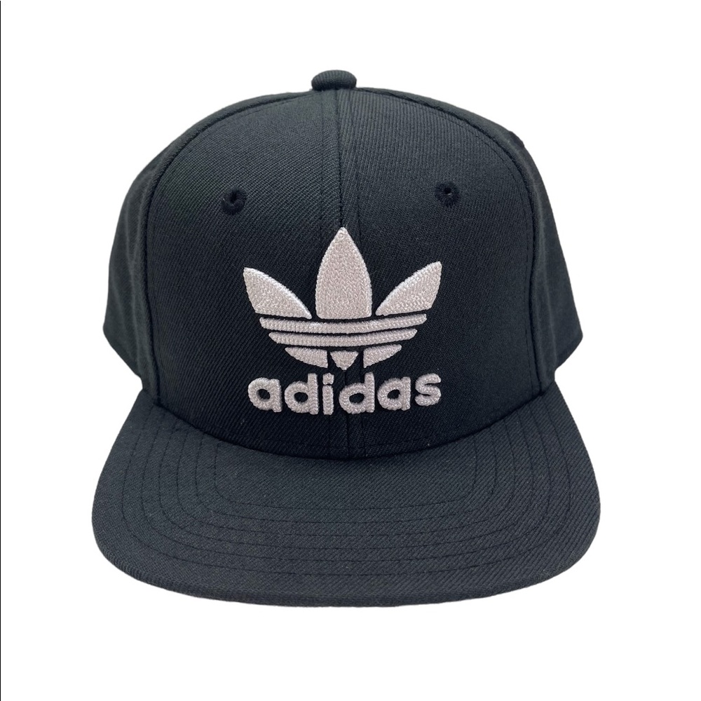 Adidas Black Flat Brim Hat White Embroidered Trefoil Logo Snapback “YOUTH SIZE”